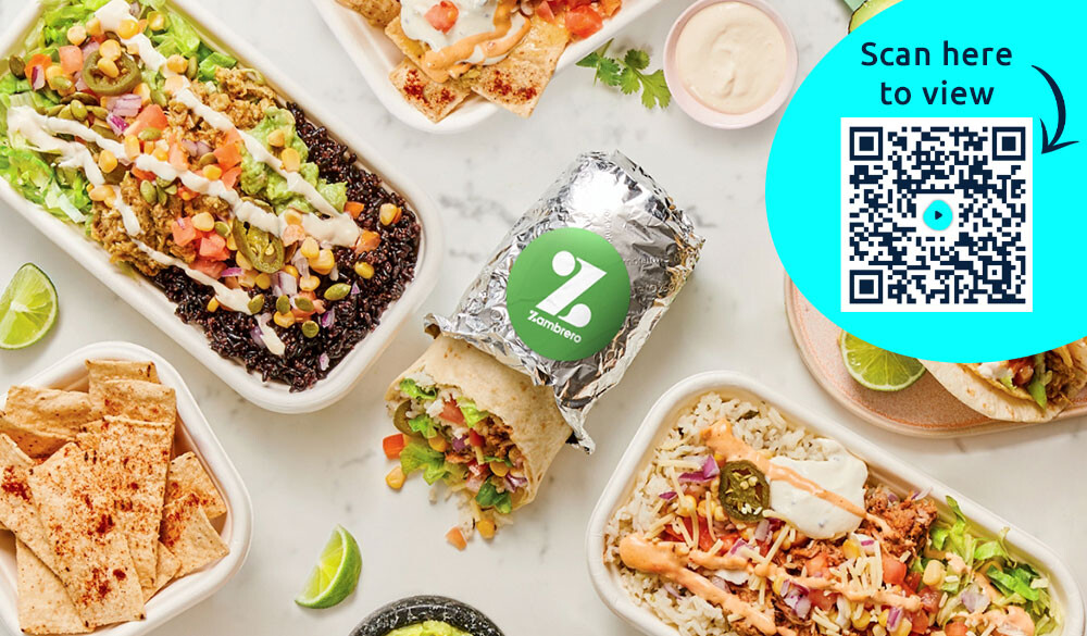 A selection of Zambrero burritos and burrito bowls with a QR code to scan.